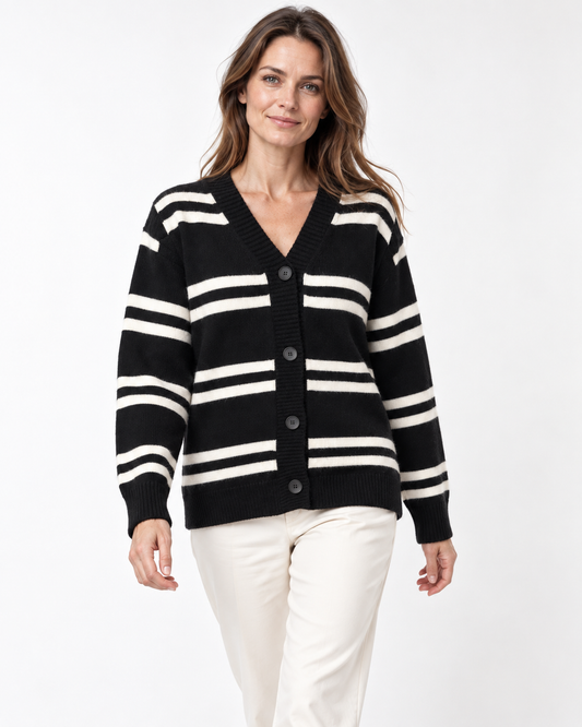 Women's Black and White Striped Cardigan – V-Neck Button-Up Knit Sweater