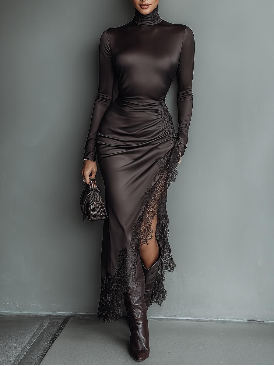 Women's Dark Brown Satin Irregular Hem Lace Slim Maxi Dress