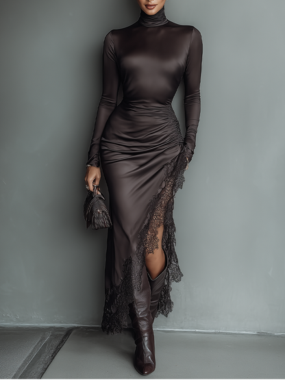 Women's Dark Brown Satin Irregular Hem Lace Slim Maxi Dress