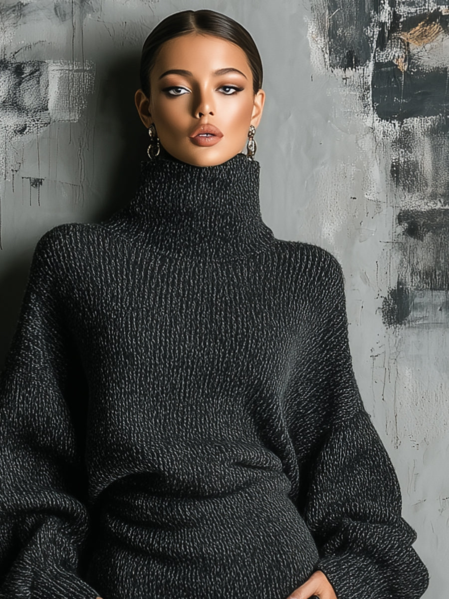 Women's Charcoal Chic Knit Turtleneck Oversized Knit Midi Dress