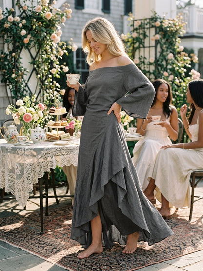 Women's Minimalist Off-Shoulder Maxi Dress With Ruffled Hem And Flared Sleeves