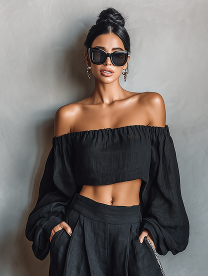 Women's Minimalist Linen Blend Strapless Long-sleeved Blouse And Wide-leg Pants Set