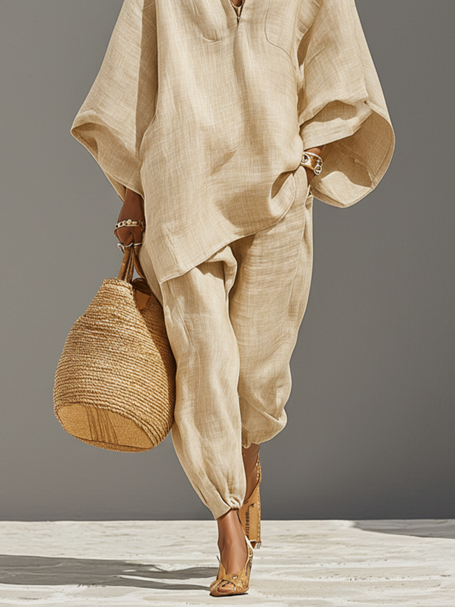 Women's Neutral Linen Set With Asymmetric Hem & Minimalist Design, Sophisticated Daily-Casual Style Set
