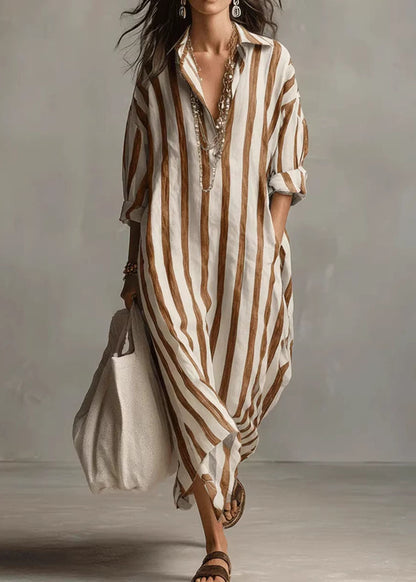Loose Black V Neck Striped Pockets Cotton Dress Summer