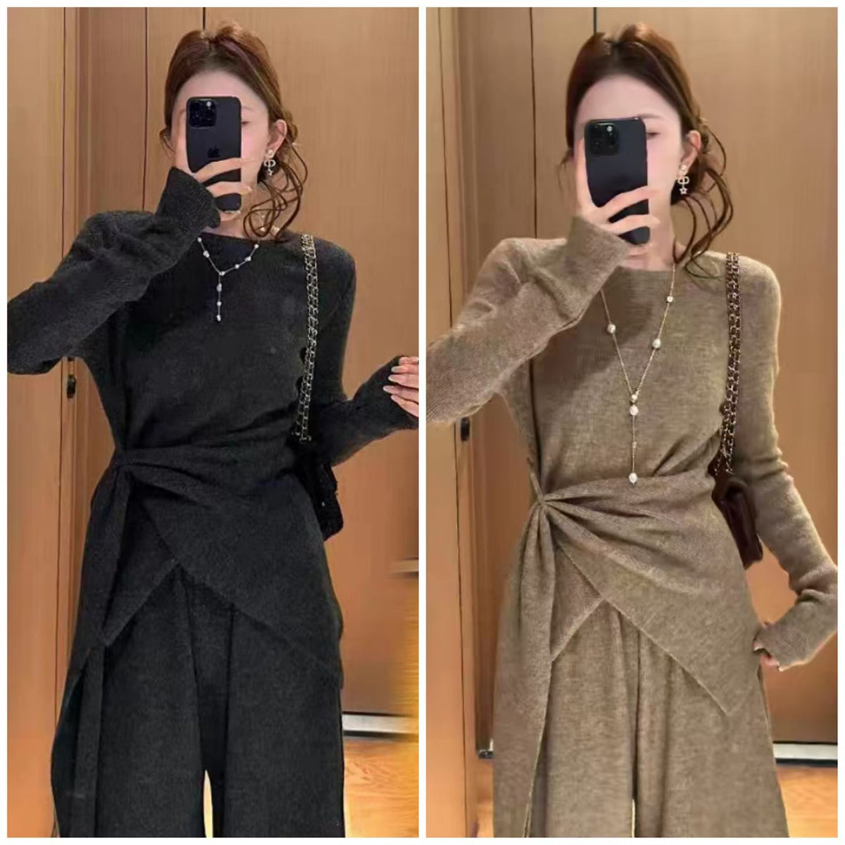 Women's Knit Two-Piece Set – Long Sleeve Top & Wide-Leg Pants Lounge Outfit