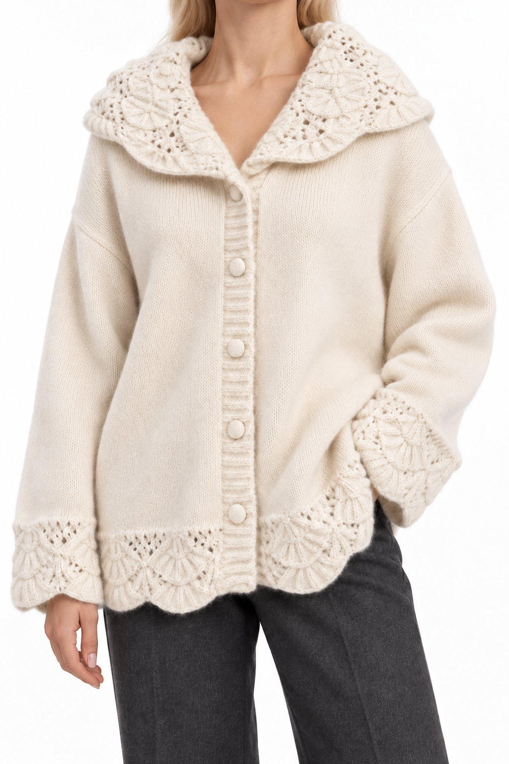 Women's Fluffy Knit Jacket – Scallop Hem Pearl Button Short Coat