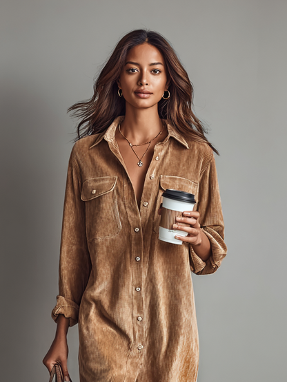 Women's Loose Corduroy Double Chest Pocket Single Breasted Midi Dress