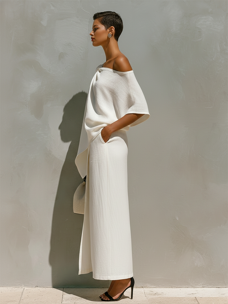 Women's White Linen Set With One-Shoulder Knot Detail & Front Slit, Timeless Minimalist-Resort Style Set