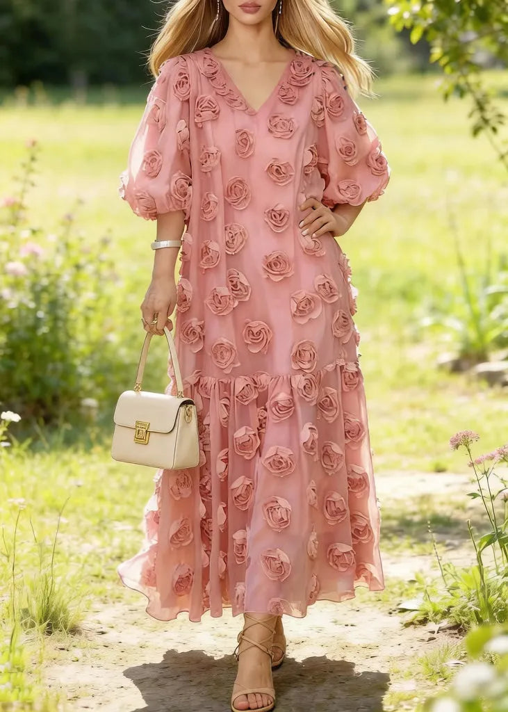 Fitted Pink Oversized Floral Decorated Tulle Party Dresses Summer