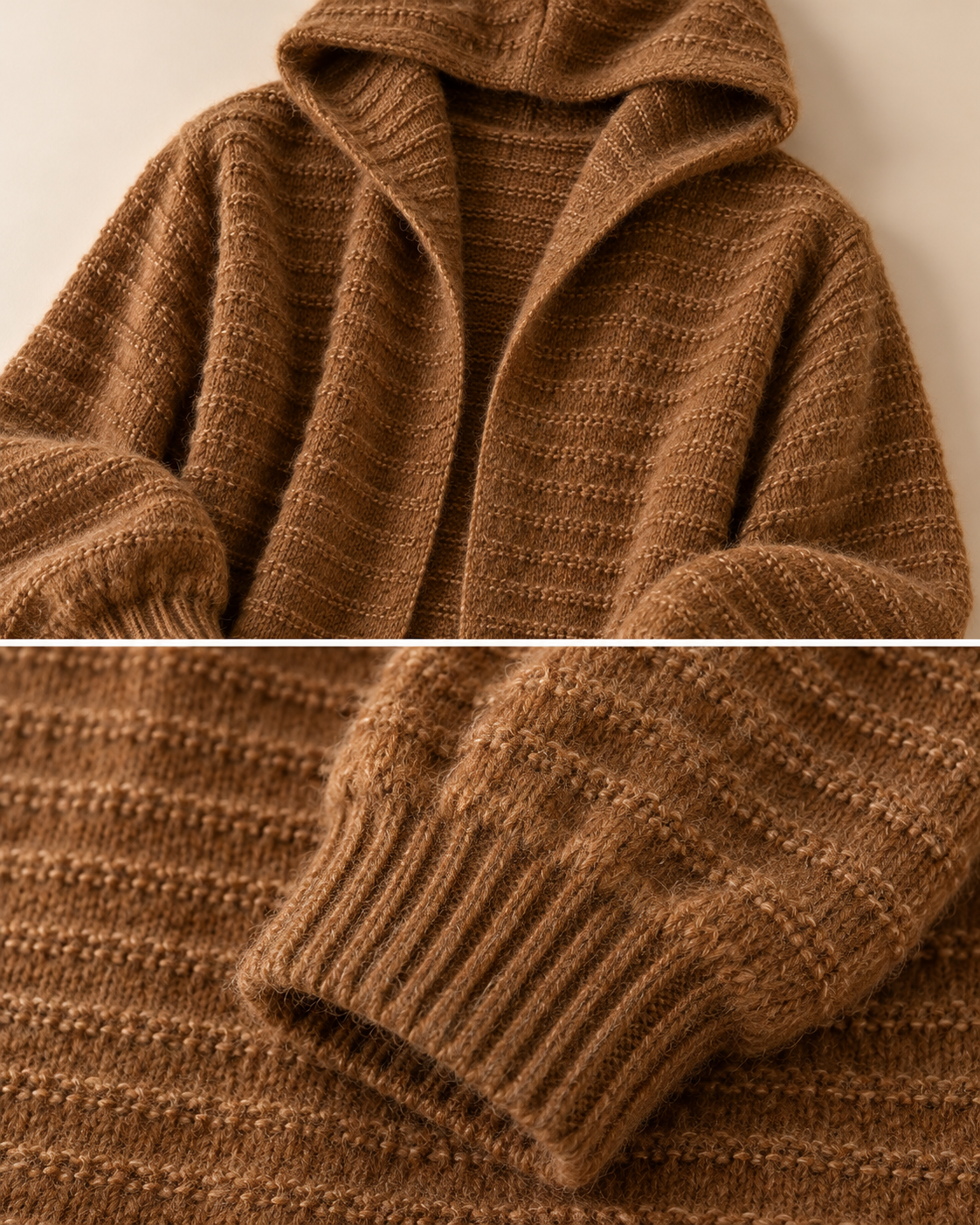 Women's Hooded Wool Cardigan – Longline Open-Front Knit Sweater