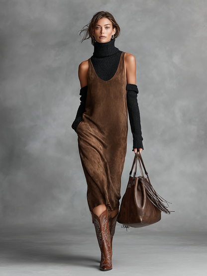 Women's Retro Simple Suede U-Neck Sleeveless Tank Midi Dress