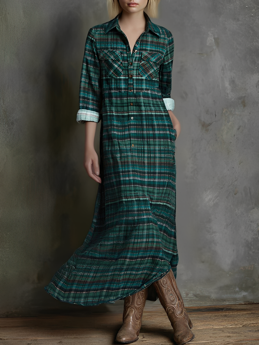 Women's Plaid Print Long-sleeved Shirt Maxi Dress