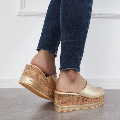 Comfortable Cork Footbed Slip-on Sandals Platform Wedge Slippers