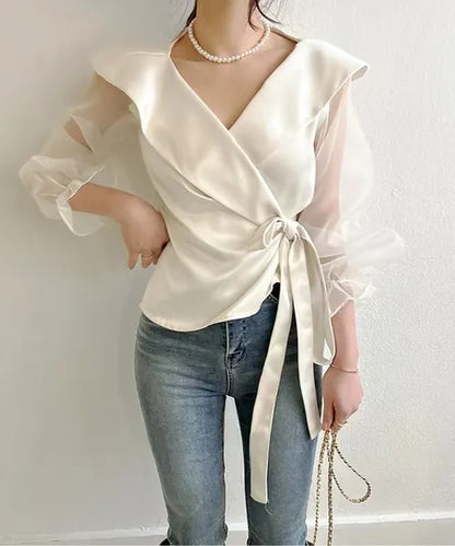 Elegant Plain Surplice Neck Long Sleeve Lace Up Blouse