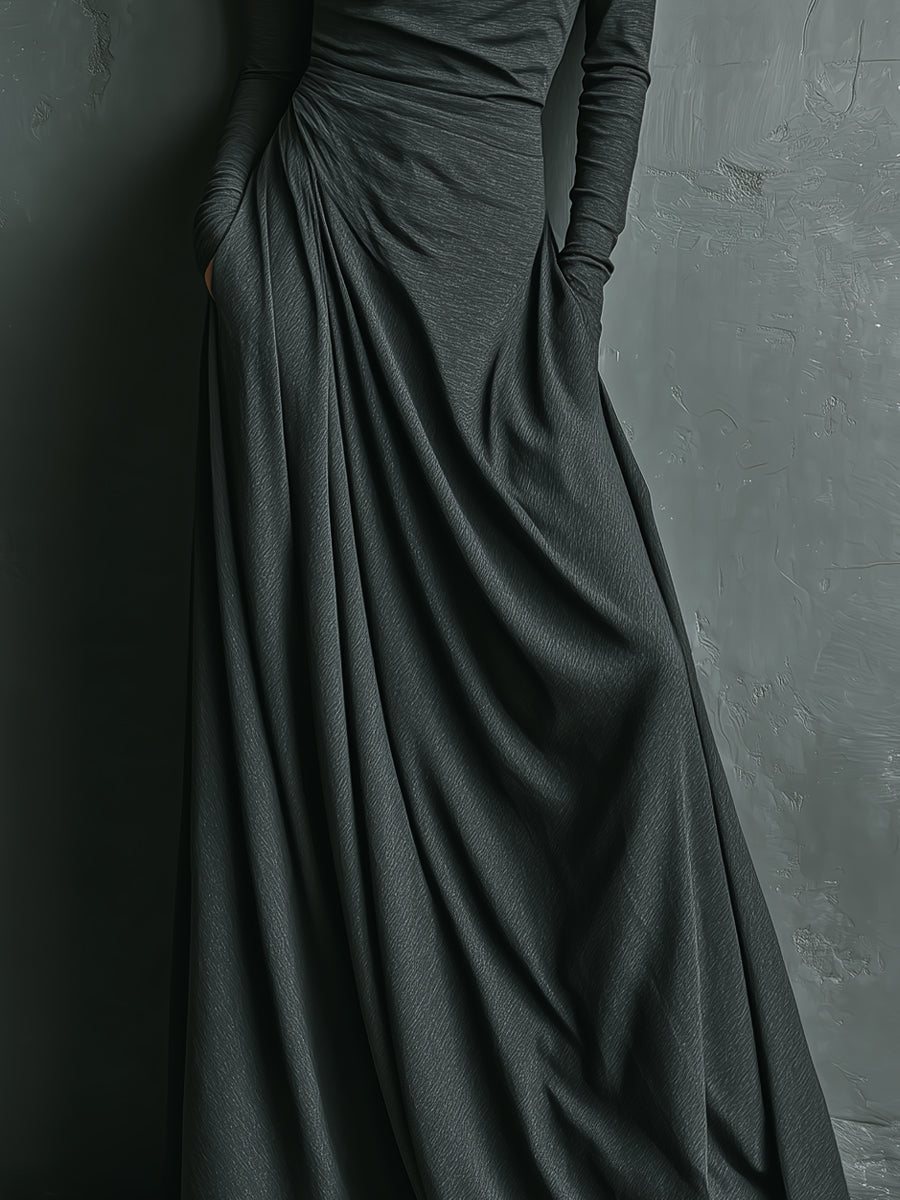 Women's Charcoal Elegant Stretch Polyester-Cotton Blend Turtleneck Draped Maxi Dress