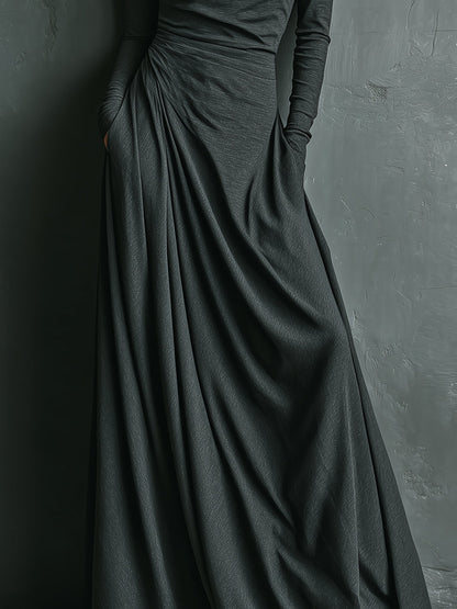 Women's Charcoal Elegant Stretch Polyester-Cotton Blend Turtleneck Draped Maxi Dress