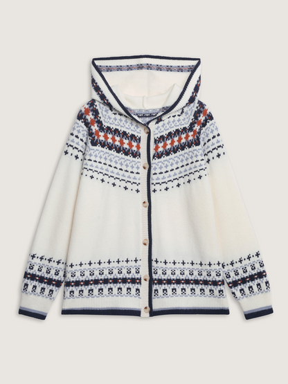 Women's Hooded Wool Cardigan – White Fair Isle Button-Up Knit Sweater