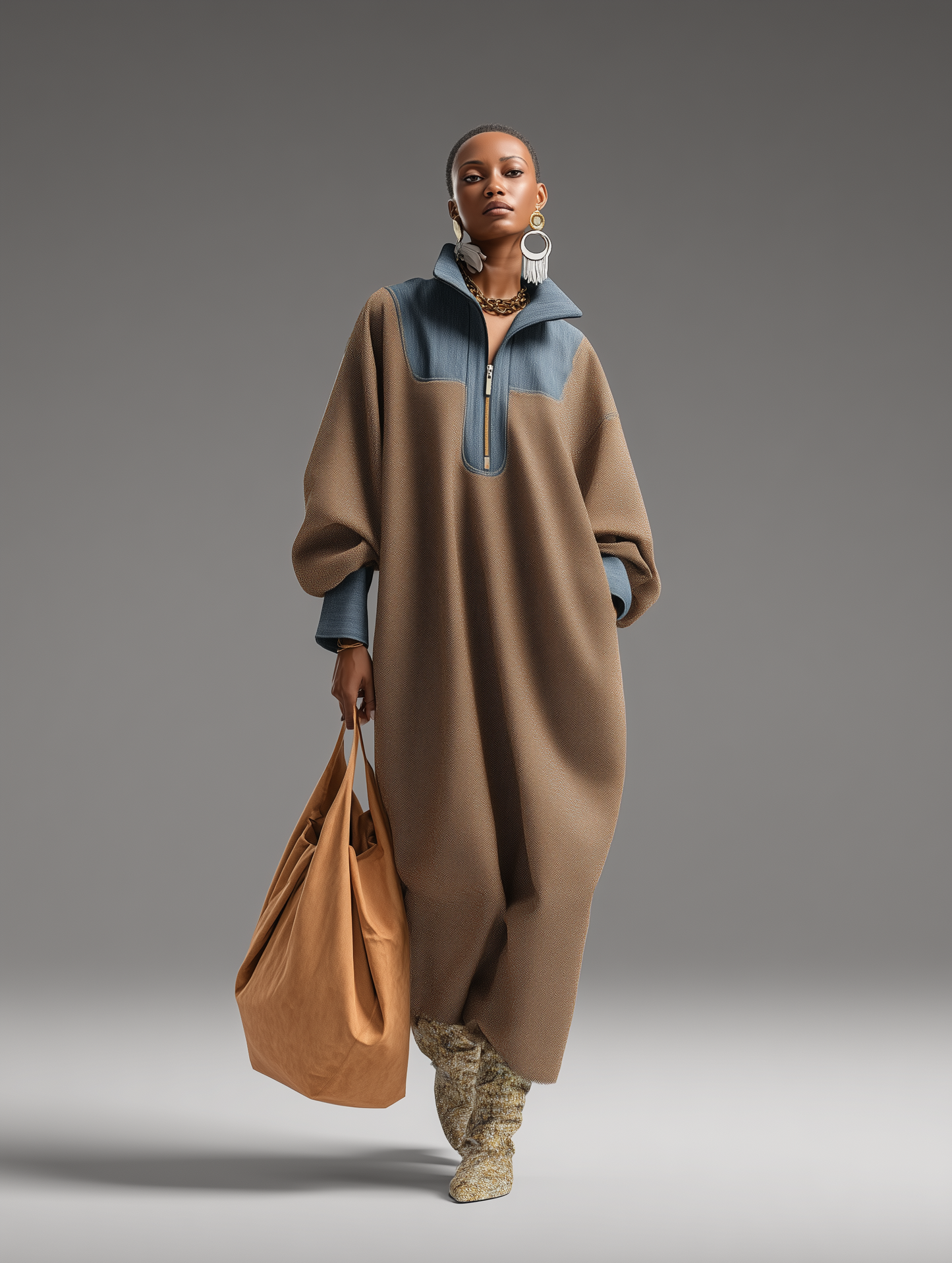 Women's Brown Double-Sided Brushing and Blue Denim Stand Collar Loose-Fitting Long Dress