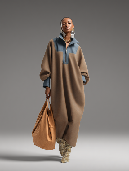 Women's Brown Double-Sided Brushing and Blue Denim Stand Collar Loose-Fitting Long Dress