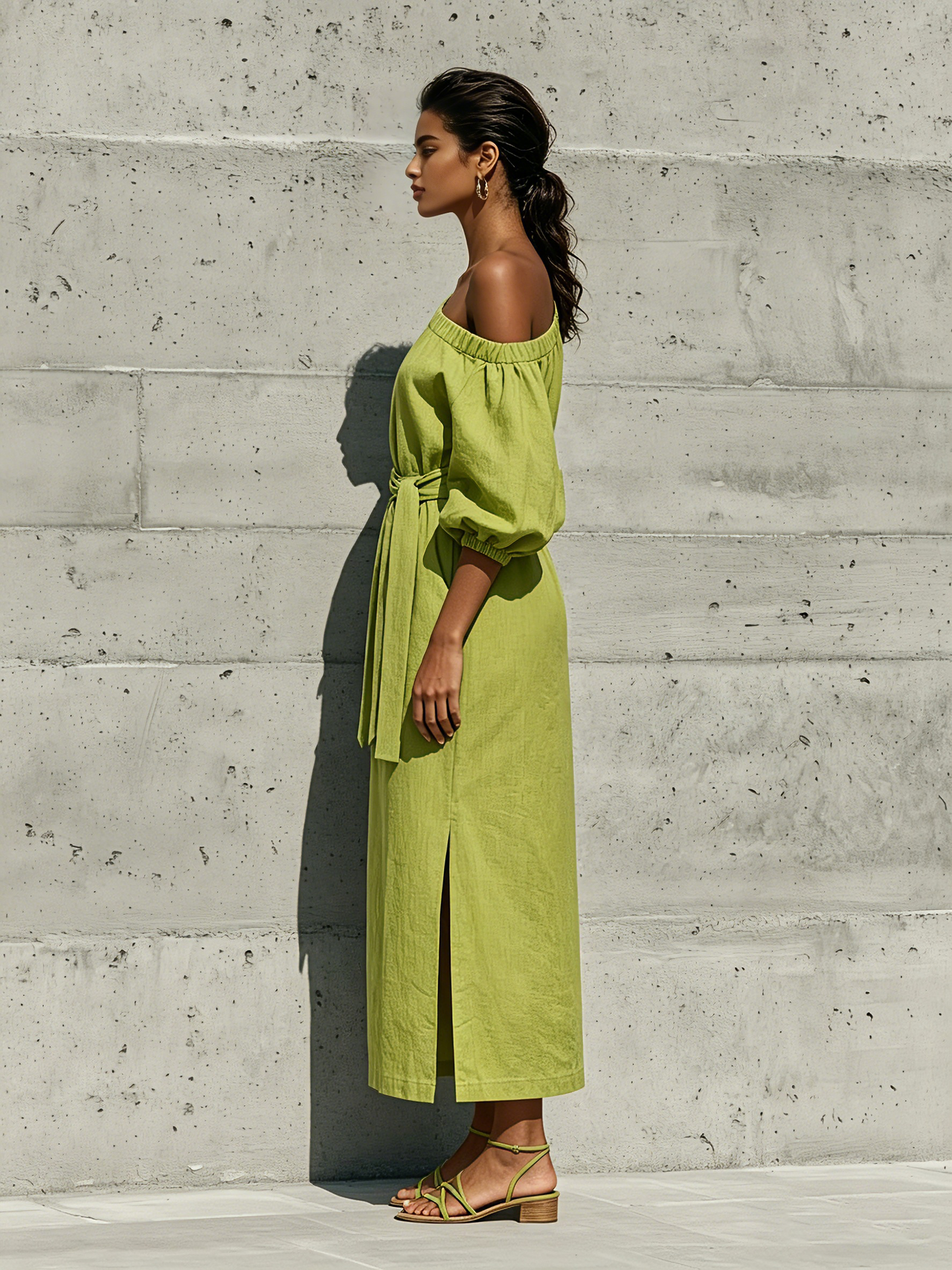Women’s Lime Green Linen-Blend Off-The-Shoulder Puff Sleeve Tie Waist Midi Dress With Side Slit