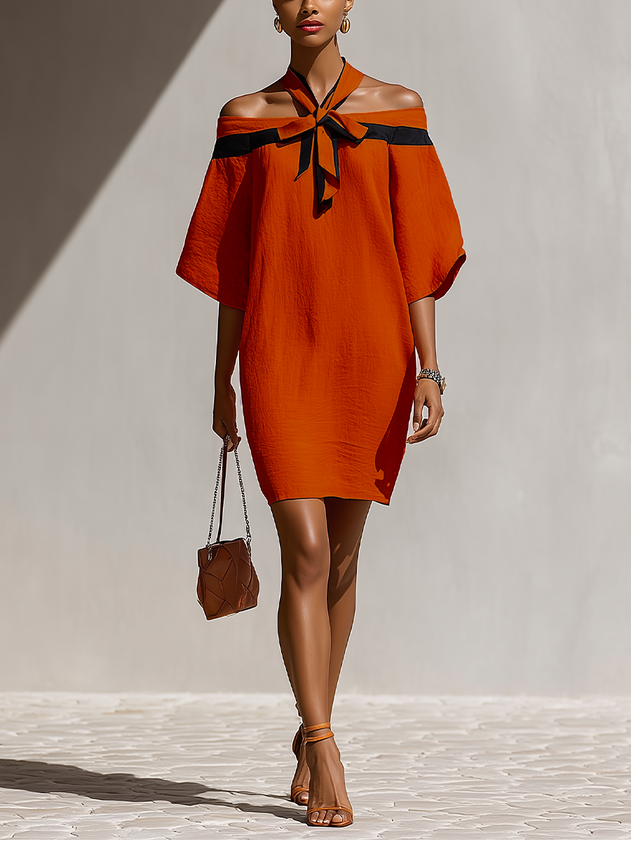 Women’s Orange Off-Shoulder Mini Dress With Black Bow Neck Detail