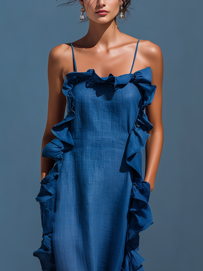 Women’s Blue Linen-Blend Spaghetti Strap Ruffle Trim Maxi Dress With Slit