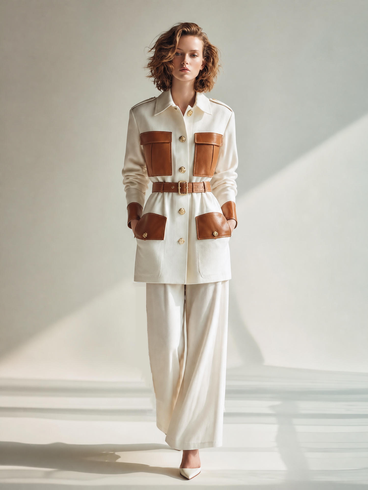 Women's Vintage Utility Contrast-Leather Collared Belted Single-Breasted Long-Sleeve Jacket