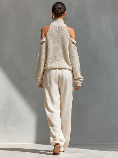 Women's Beige Knit Fabric Cold-Shoulder Turtleneck Top & Wide-Leg Pants Set