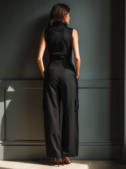 Women's Black Cotton And Linen Blend Sleeveless Collared Jumpsuit With Cargo Pockets