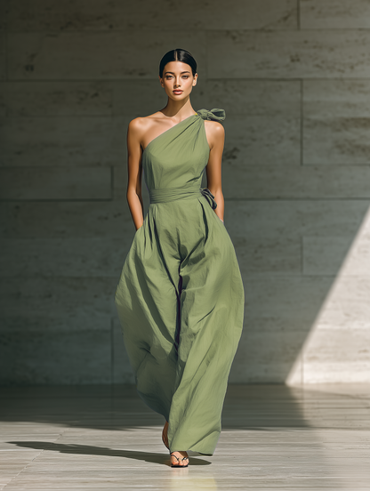 Women's Light Green Cotton And Linen Blend One-Shoulder Wide-Leg Jumpsuit With Tie Waist