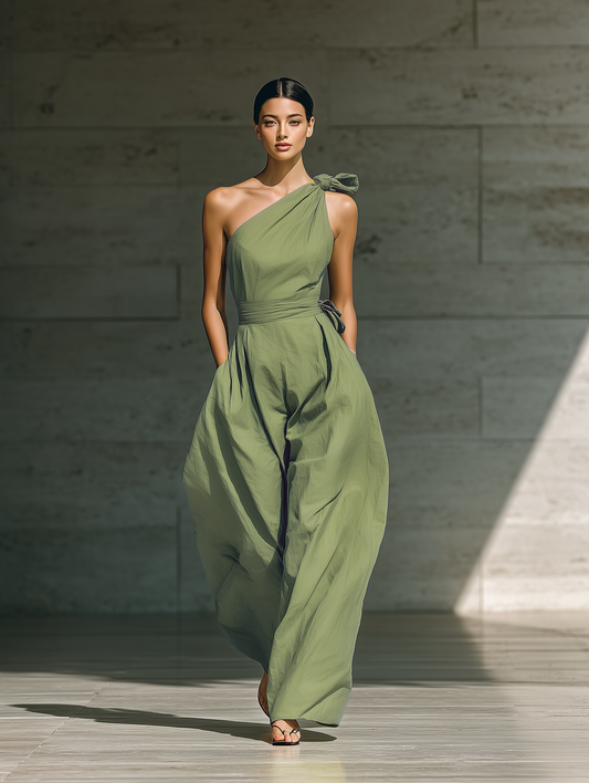 Women's Light Green Cotton And Linen Blend One-Shoulder Wide-Leg Jumpsuit With Tie Waist