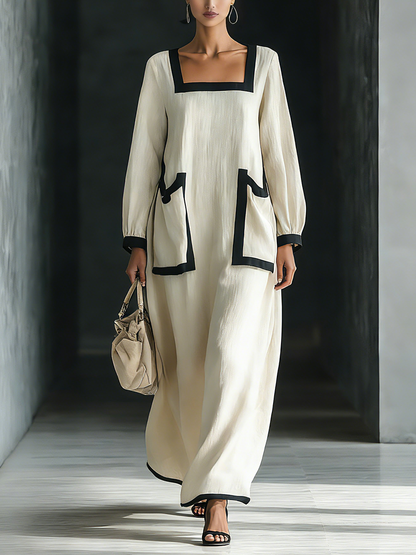Women's Beige Cotton And Linen Blend Square-Neck Maxi Dress With Black Trim & Oversized Pockets