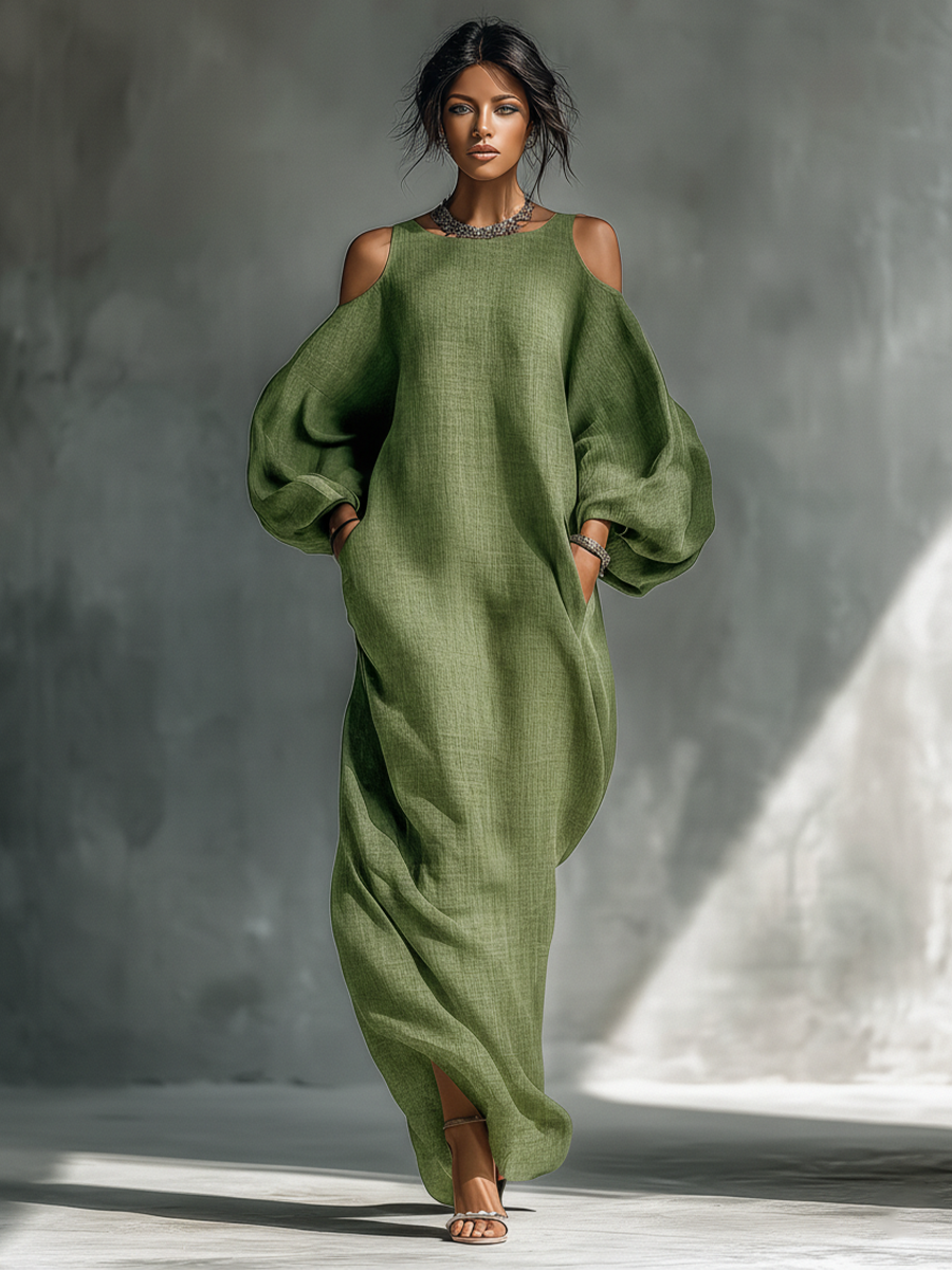 Women's Light Green Cold-Shoulder Maxi Dress With Oversized Puff Sleeves & Side Pockets