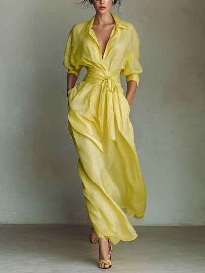Women's Lemon Yellow Cotton And Linen Blend Maxi Shirt Dress With Tie Waist & Half Sleeves