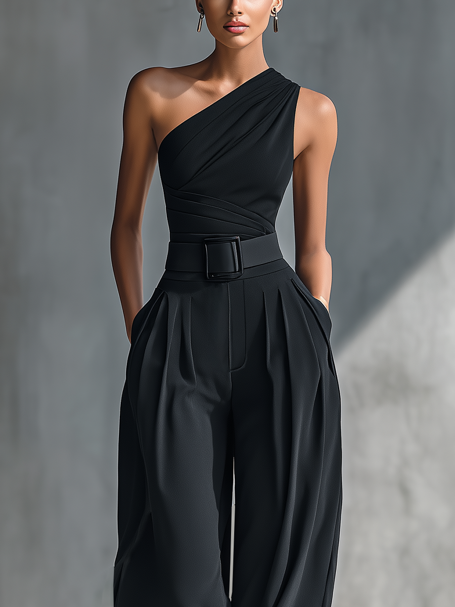 Women's Black High-elastic Knit Top And Acetate Wide-leg Pants