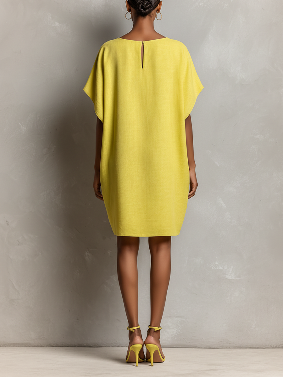 Women’s Lime Yellow Linen-Blend Batwing Sleeve Patch Pocket Shift Dress
