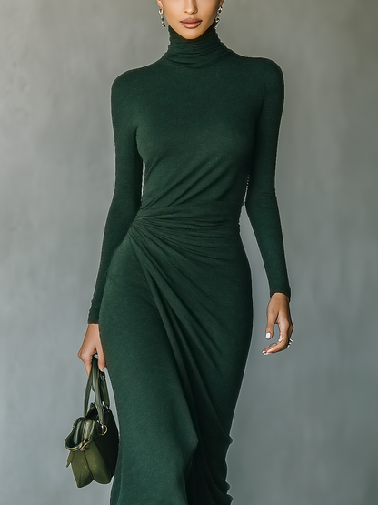 Women's Dark Green High-elastic Knitted High-neck Wrap Dress Midi Dress