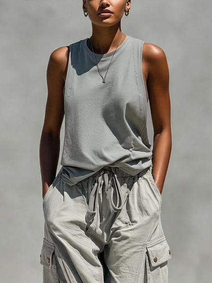 Women’s Grey Sleeveless Tank Top & Cargo Jogger Shorts Two-Piece Set