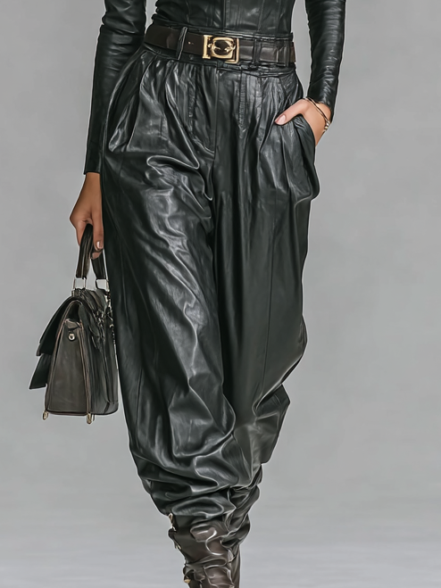 Women's Fashion PU Leather Slim Fit Zipper Stand Collar Shirt Pants Set (Without Belt)