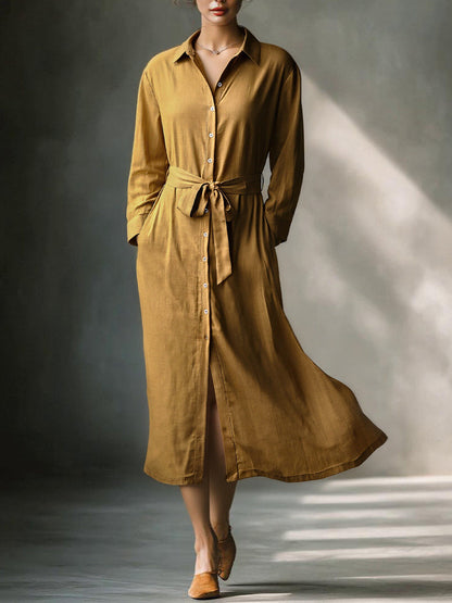 Women's Mustard Elegant Linen Blended Button - Front Belted Midi Shirt Dress