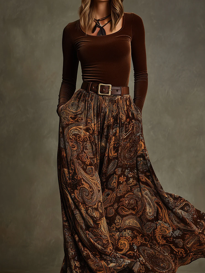 Vintage Stretch Velvet Top and Paisley Print Maxi Skirt Set