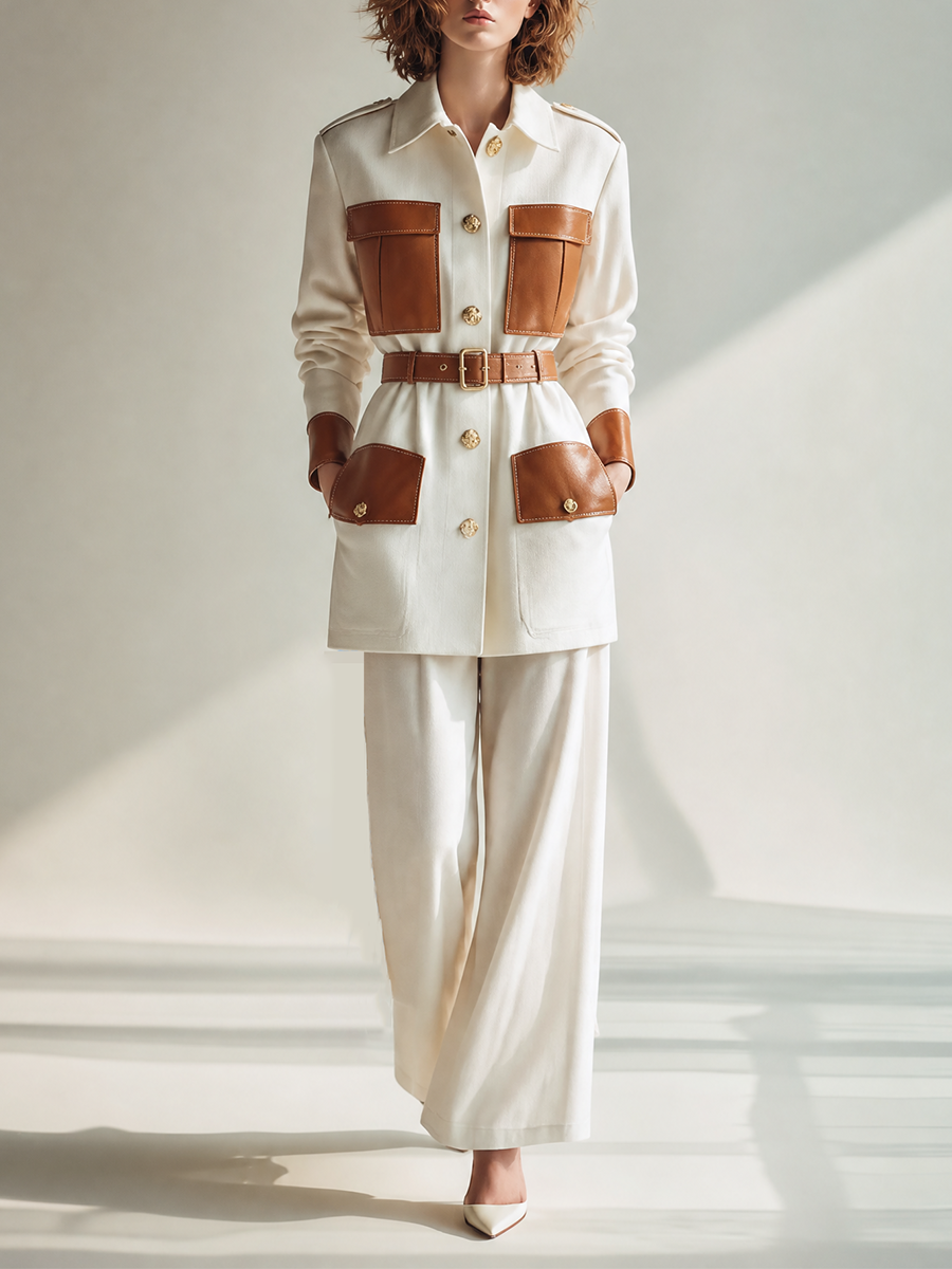 Women's Vintage Utility Contrast-Leather Collared Belted Single-Breasted Long-Sleeve Jacket