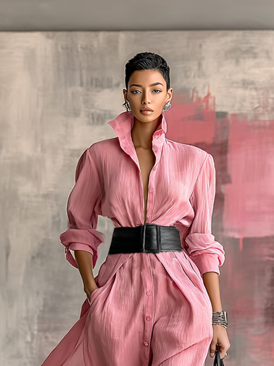 Women's Solid Color Lapel Long Sleeve Single Breasted Belt Maxi Shirt Dress