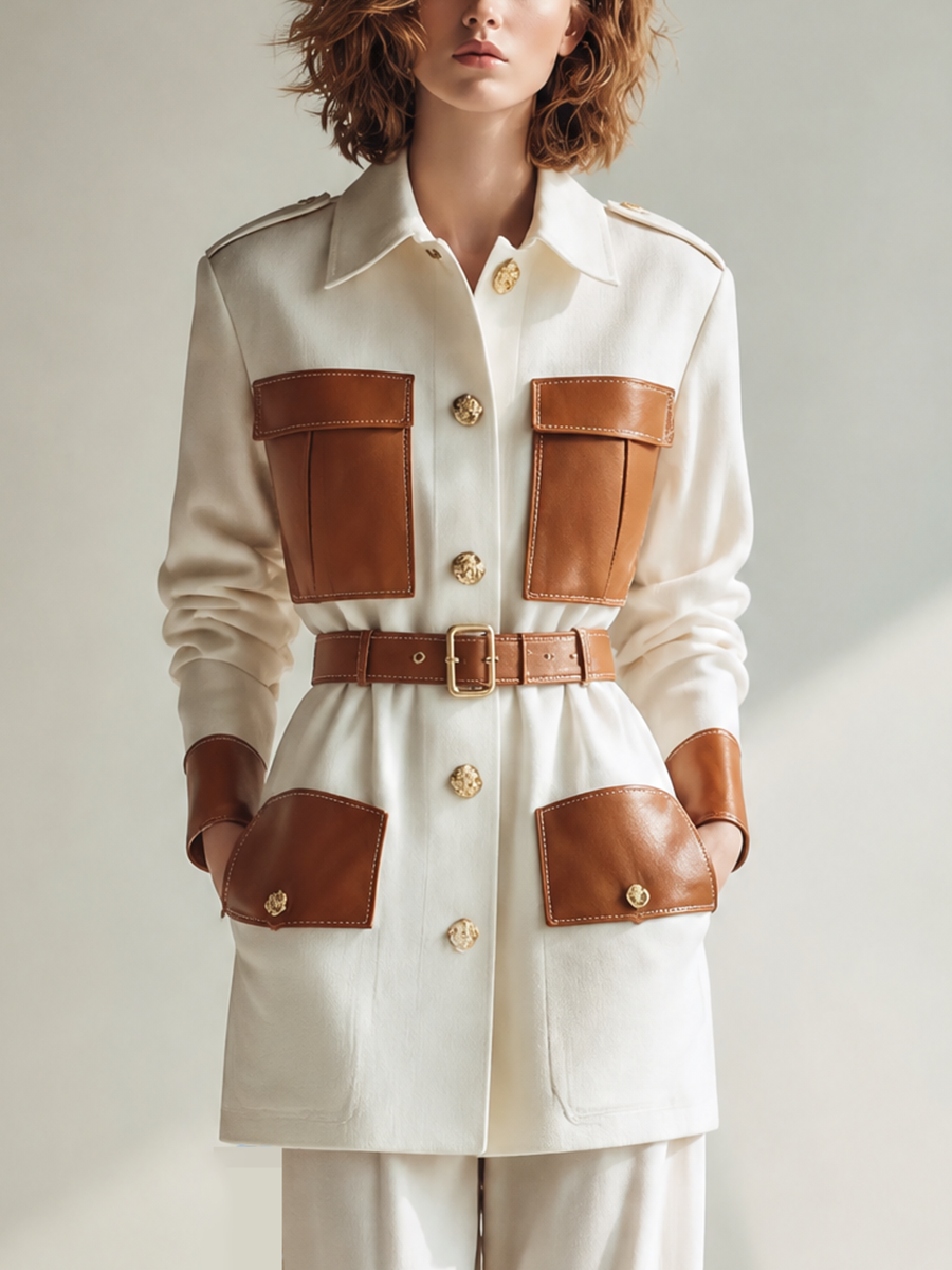 Women's Vintage Utility Contrast-Leather Collared Belted Single-Breasted Long-Sleeve Jacket