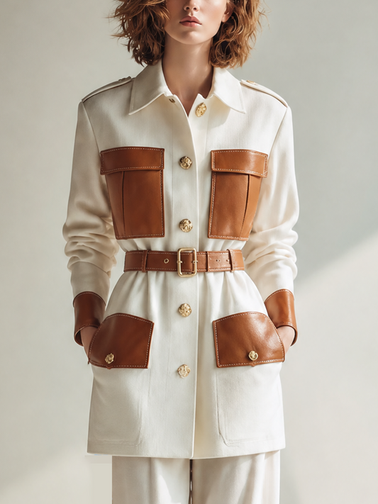 Women's Vintage Utility Contrast-Leather Collared Belted Single-Breasted Long-Sleeve Jacket