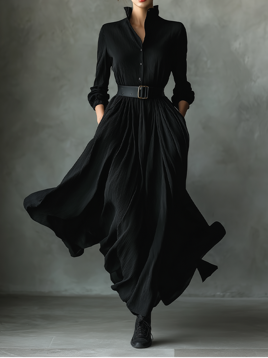 Women's Black Blend Textured Pleated Vintage Maxi Dress