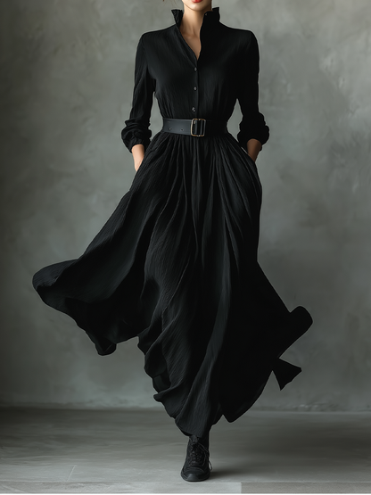 Women's Black Blend Textured Pleated Vintage Maxi Dress