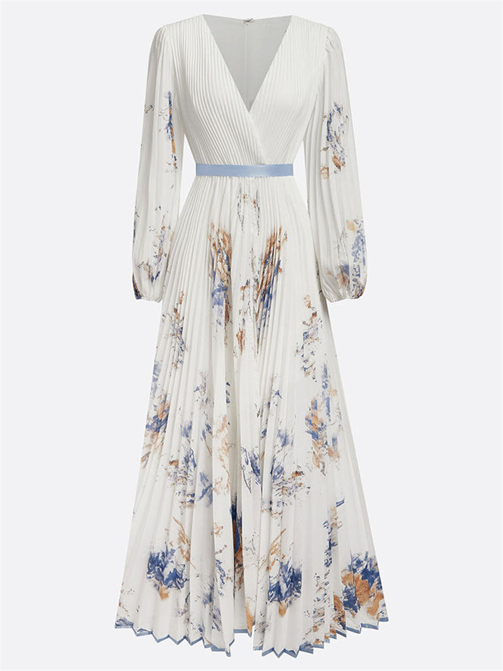 Women's Elegant White V-Neck Print Holiday Style Pleated Dress