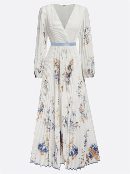 Women's Elegant White V-Neck Print Holiday Style Pleated Dress