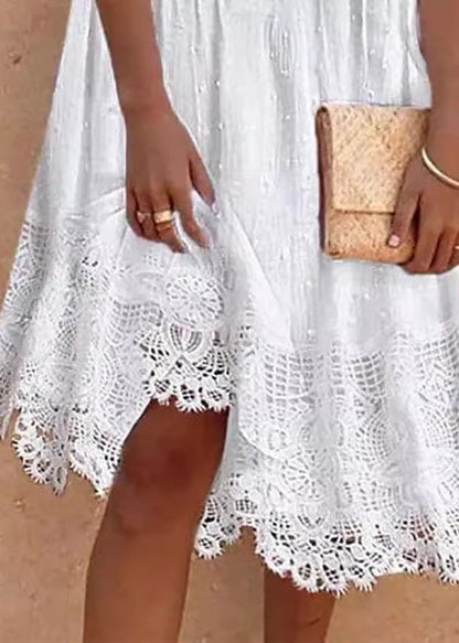 Plus Size White V Neck Lace Patchwork Cotton Dress Summer